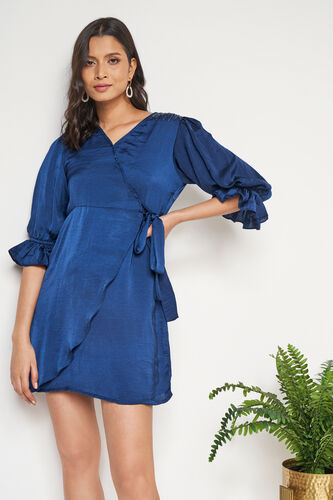 Blue Solid Embroidered Dress, Blue, image 2